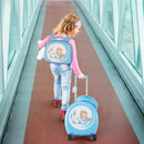 Kids 14” hardside spinner suitcase set in blue with mermaid design, paired with a matching backpack for travel fun.