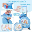 14-inch blue hardside kids suitcase with mermaid design, includes neck pillow and luggage tag for travel convenience.