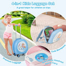 Kids 4-piece luggage set featuring a blue 14" suitcase, 10" backpack, soft neck pillow, and luggage tag for travel fun.