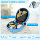 Kids 14” hardside suitcase in blue with ample storage, zippered pocket, and cross straps for organized packing.