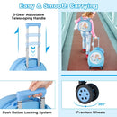 14-inch blue kids carry-on suitcase with telescoping handle and 360° wheels, perfect for travel and school outings.