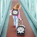Kids 14” hardside suitcase and 10” backpack set in black with penguin design, perfect for travel and school outings.
