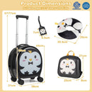Kids 4-piece luggage set featuring a 14" hardside suitcase, 10" backpack, neck pillow, and luggage tag in black penguin.