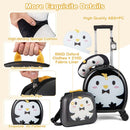 Kids 14” hardside suitcase with penguin design, made of durable ABS, includes neck pillow and backpack for travel fun.