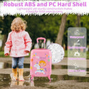 Kids 16" carry-on suitcase in pink with pony design, made from robust ABS and PC hard shell, perfect for travel.