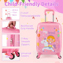 Pink kids suitcase featuring a pony design, 16" size, 360° spinner wheels, and a 3-level telescopic handle for easy.
