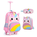 Unicorn rolling backpack set for kids in multicolour with lunch box and pencil case, ideal for preschool and travel.