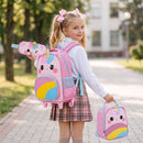 Pink unicorn rolling backpack set for kids includes a lunch box and pencil case, perfect for preschool and elementary use.