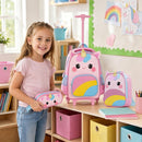 Colorful 3-piece unicorn rolling backpack set for kids includes a lunch box and pencil case, perfect for school organization.
