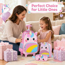 Unicorn-themed 3-piece rolling backpack set for kids includes a lunch box and pencil case, perfect for school and travel.