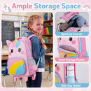 Unicorn rolling backpack set for kids features a spacious interior, front pocket, and side cup holder for organized essentials.