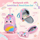 Unicorn rolling backpack set for kids includes a lunch box and pencil case, designed for organized school essentials.
