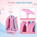 Adjustable height unicorn rolling backpack set for kids with lunch box and pencil case, designed for easy mobility and organization.