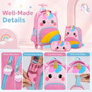 Unicorn rolling backpack set for kids in multicolour with lunch box and pencil case, designed for easy organization and mobility.