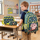 Rolling backpack set for kids featuring an owl design, includes a lunch box and pencil case for organized school days.