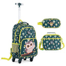 Owl-themed rolling backpack set for kids includes a lunch box and pencil case, designed for durability and easy mobility.
