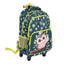 Colorful owl rolling backpack for kids with lunch box and pencil case, featuring spacious compartments and adjustable handle.