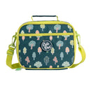 Multicolored owl-themed rolling backpack set for kids, featuring a lunch box, pencil case, and side cup holder for organization.