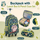 Owl rolling backpack set for kids includes a lunch box and pencil case, designed for durability and easy mobility.