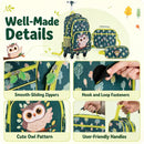 Rolling backpack set for kids featuring a cute owl pattern, lunch box, pencil case, and smooth PP wheels for easy mobility.