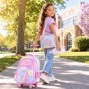 Wheeled backpack set for kids in multicolour with lunch box and pencil case, perfect for preschool and early elementary use.
