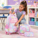 Wheeled backpack set for kids in multicolour with matching lunch box and pencil case, ideal for preschool and elementary use.