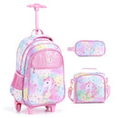 Wheeled backpack set in multicolour with a unicorn design, includes a lunch box and pencil case for organized school days.