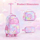 Wheeled backpack set in multicolour with matching lunch box and pencil case, designed for preschoolers and early elementary students.