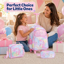 Wheeled multicolour backpack set for kids includes a lunch box and pencil case, perfect for preschoolers on the go.