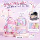 Wheeled backpack set in multicolour with lunch box and pencil case, designed for preschoolers and early elementary students.
