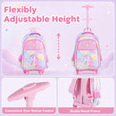 Wheeled backpack set in multicolour with adjustable height, lunch box, and pencil case for preschoolers and early students.
