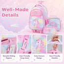 Wheeled backpack set in multicolour features a cute unicorn design, lunch box, pencil case, and smooth PP wheels for easy mobility.