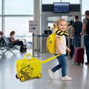 Yellow 3-piece kids carry-on luggage set with a suitcase, backpack, and headrest, designed for comfortable travel.
