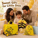 Bright yellow 3-piece kids carry-on luggage set includes a suitcase, backpack, and headrest for comfortable travel.