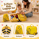 Bright yellow 3-piece kids luggage set includes a 40 cm suitcase, backpack, and headrest for comfortable travel.