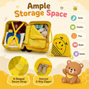 Yellow 3-piece kids carry-on luggage set includes a 40 cm suitcase, backpack, and headrest for organized travel.
