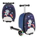 2-in-1 skateboard luggage for kids with blue and white design, featuring lighted wheels and cartoon astronaut pattern.