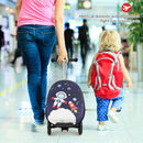 Kids' 2-in-1 skateboard luggage with lighted wheels in blue and white, perfect for travel and outdoor adventures.