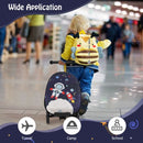 Kid's 2-in-1 skateboard luggage in blue and white with lighted wheels, perfect for travel, school, or camping.