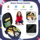 2-in-1 skateboard luggage in blue and white with lighted wheels, featuring ample storage for toys and clothes.