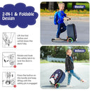 2-in-1 skateboard luggage for kids in blue and white, featuring lighted wheels and a cute shark pattern for outdoor.