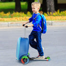 Kid riding a blue 2-in-1 skateboard luggage with lighted wheels, perfect for outdoor adventures and travel.
