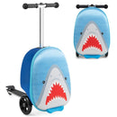 Kids' 2-in-1 skateboard luggage in blue with a shark design and lighted wheels, perfect for outdoor adventures.