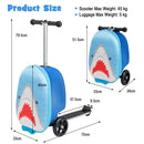2-in-1 blue skateboard luggage with shark design, featuring lighted wheels and ample storage for kids' travel.