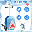 2-in-1 skateboard luggage in blue with shark design and lighted wheels, perfect for kids' outdoor adventures.