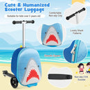 Blue 2-in-1 skateboard luggage with shark design and lighted wheels, perfect for kids' outdoor adventures.
