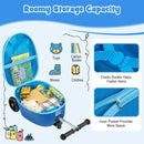 Blue 2-in-1 skateboard luggage for kids with lighted wheels, spacious interior for toys and books, ideal for travel.