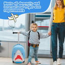 Kid's 2-in-1 skateboard luggage in blue with lighted wheels and shark pattern, perfect for travel and outdoor.