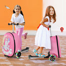 Kids 2-in-1 scooter luggage in pink with unicorn design, featuring colorful lights and non-slip pedal for fun travel.