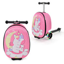 Kids 2-in-1 luggage scooter in pink with unicorn design, featuring colorful lights and hardshell EVA for travel fun.